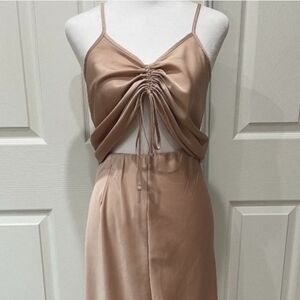 Olive + Oak 2-Piece Matching Set, Tan Satin Scrunch Tank & Slim Maxi Skirt, EUC!